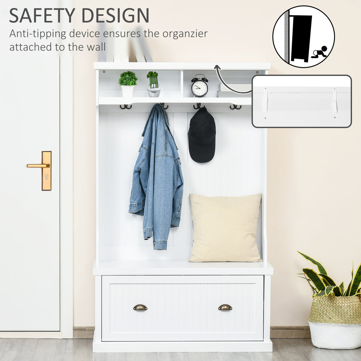 Mueble de entrada con banco de almacenamiento y percheros 164 cm