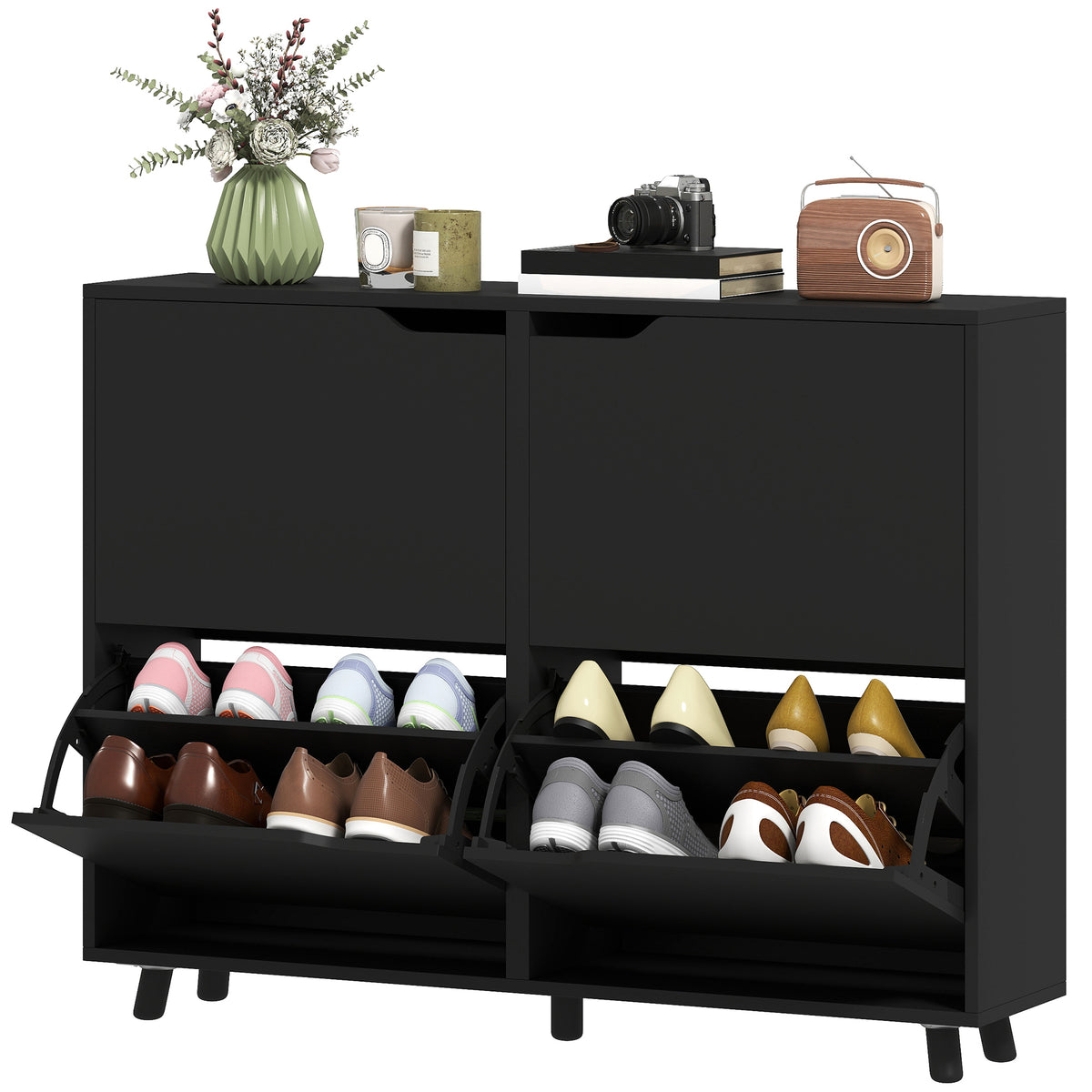 Narrow shoe cabinet with flip drawers