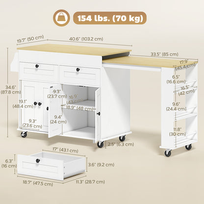 Rolling kitchen island with expandable top and power outlet