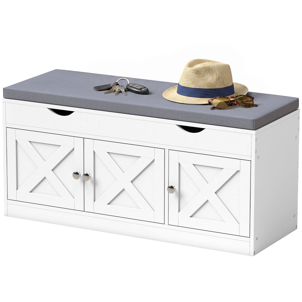 Shoe storage bench with cushion and three doors