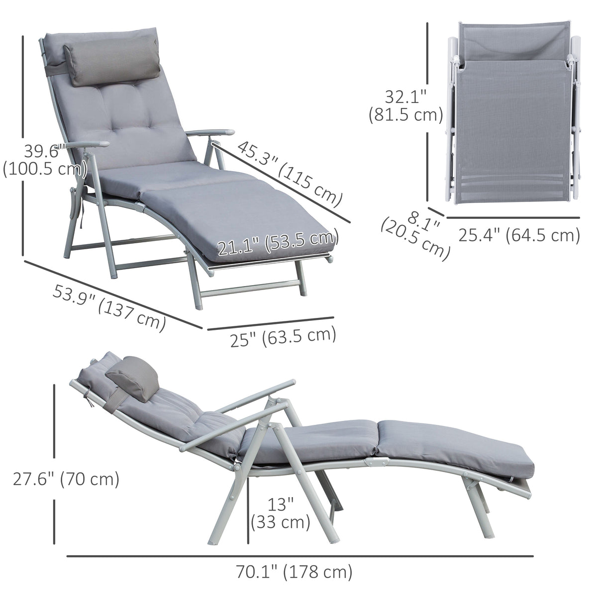 Folding Outdoor Chaise Lounger 7-Position Adjustable with Cushion