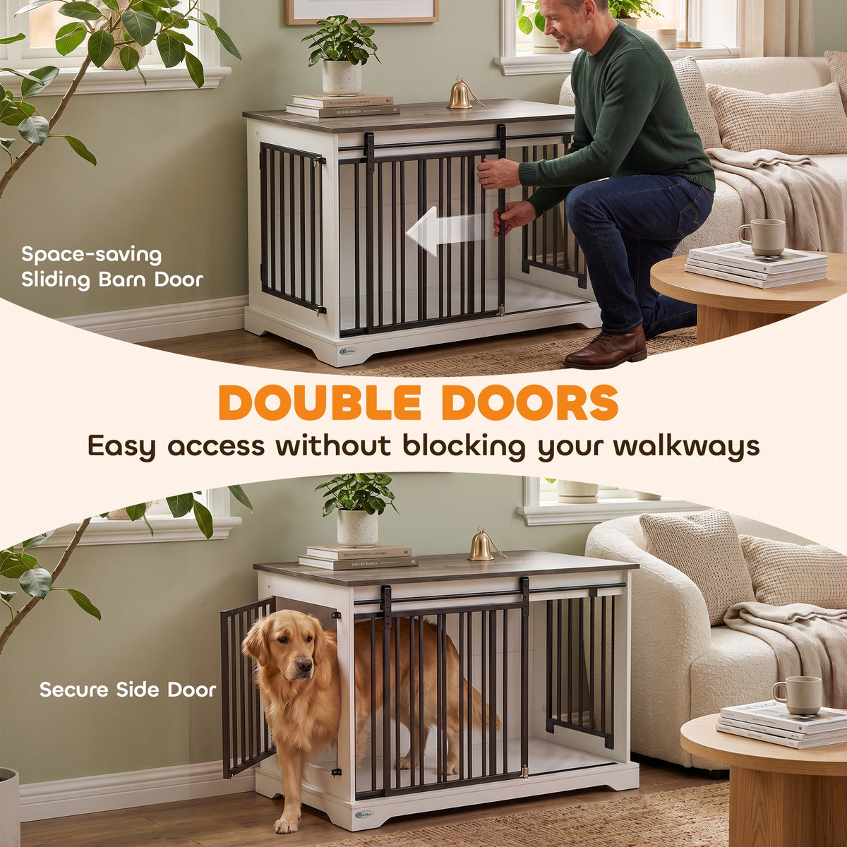 Dog crate furniture with sliding barn door