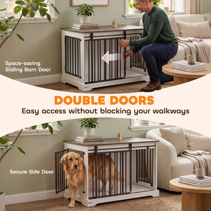 Dog crate furniture with sliding barn door