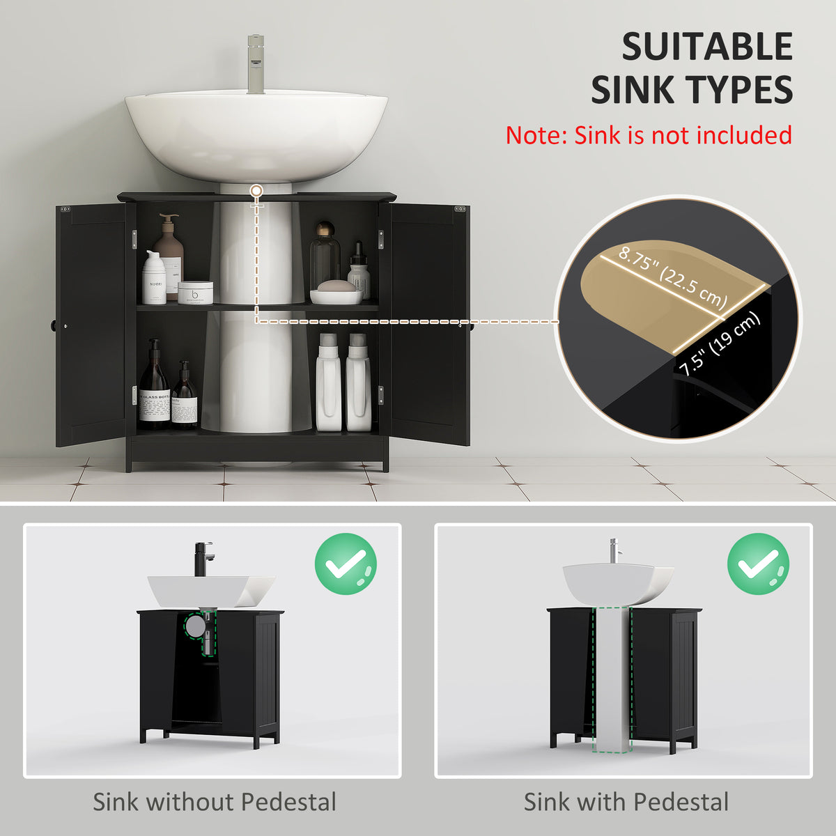 Mueble de lavabo bajo fregadero con 2 puertas y estante