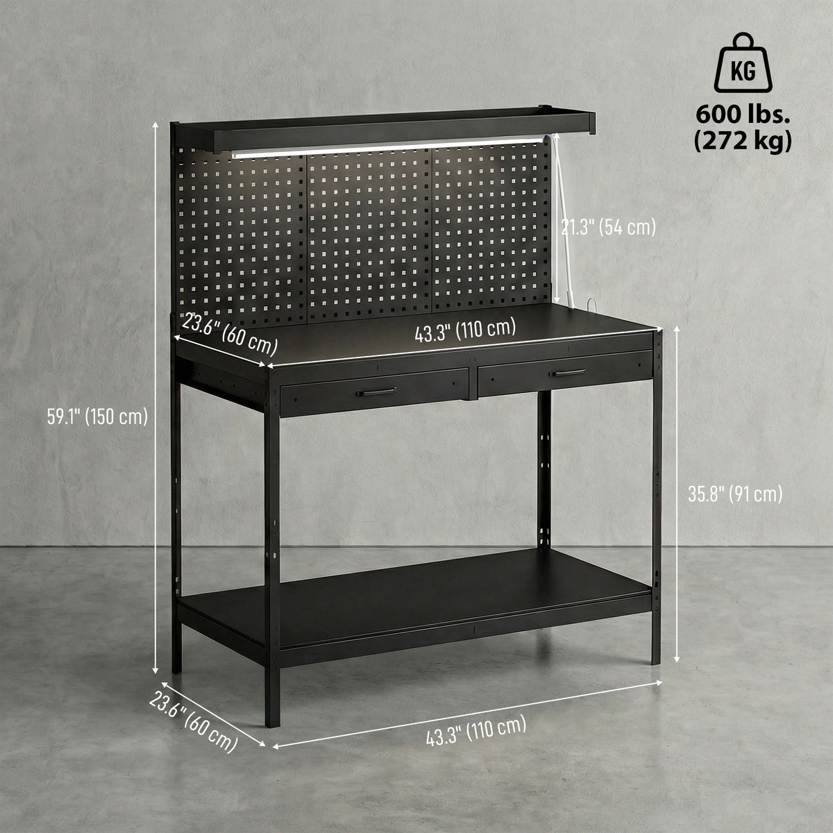 Heavy-Duty Workbench with LED Light and Power Outlets