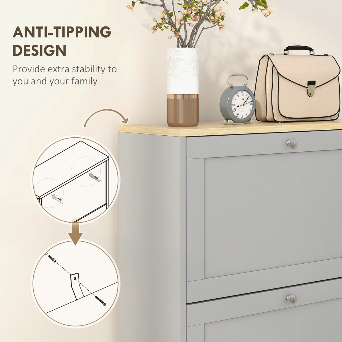 Shoe Cabinet 3 Flip Drawers Adjustable Shelves, 12-18 Pairs