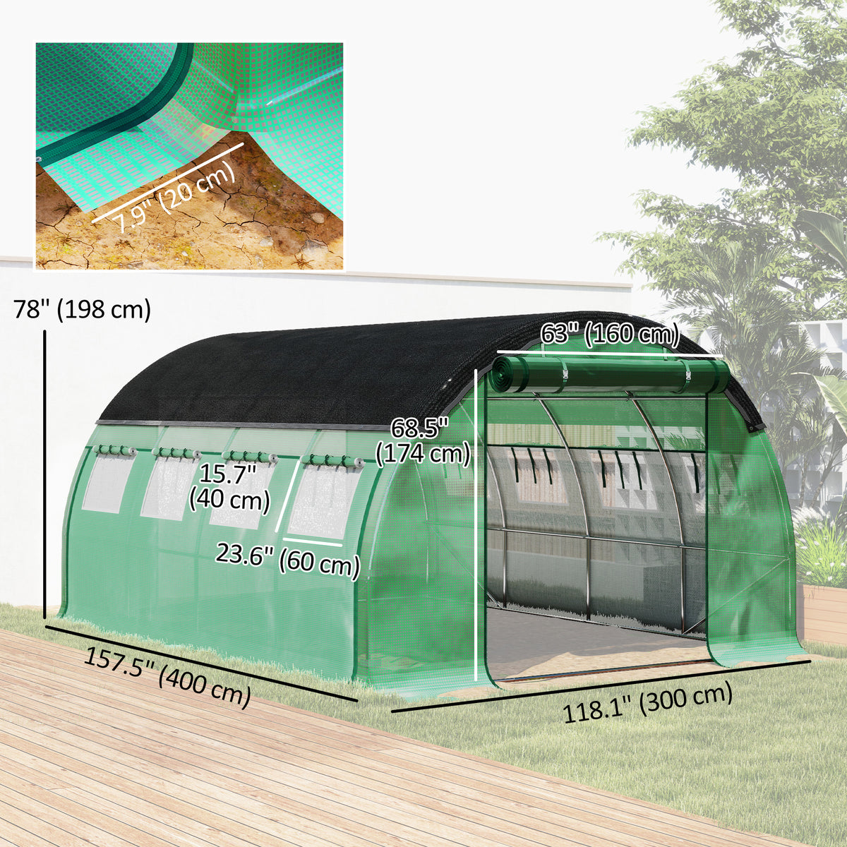 3x4m Tunnel Greenhouse - Shade Cloth & Roll-up Sides