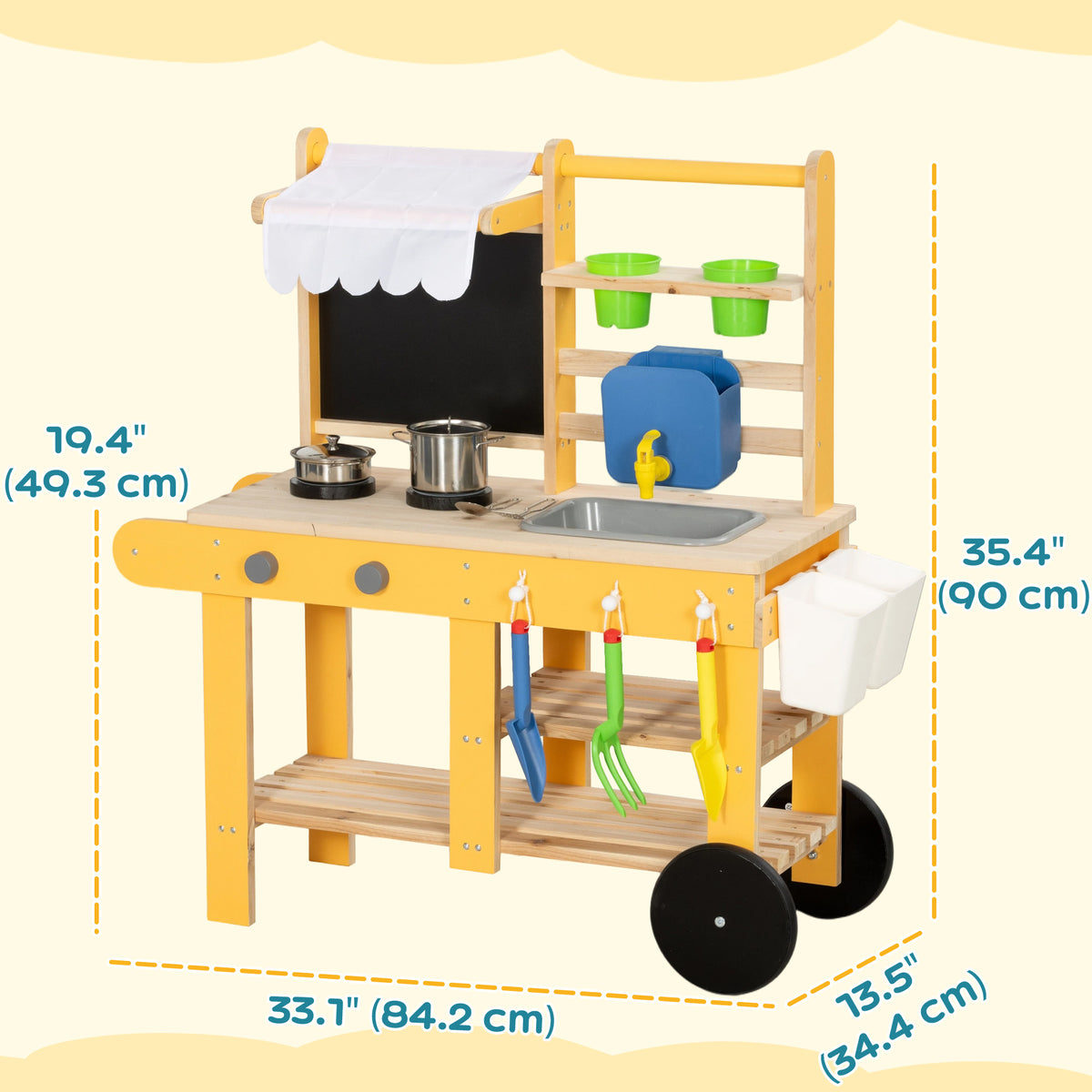 Cocina de barro para niños con grifo, cubeta, pizarra