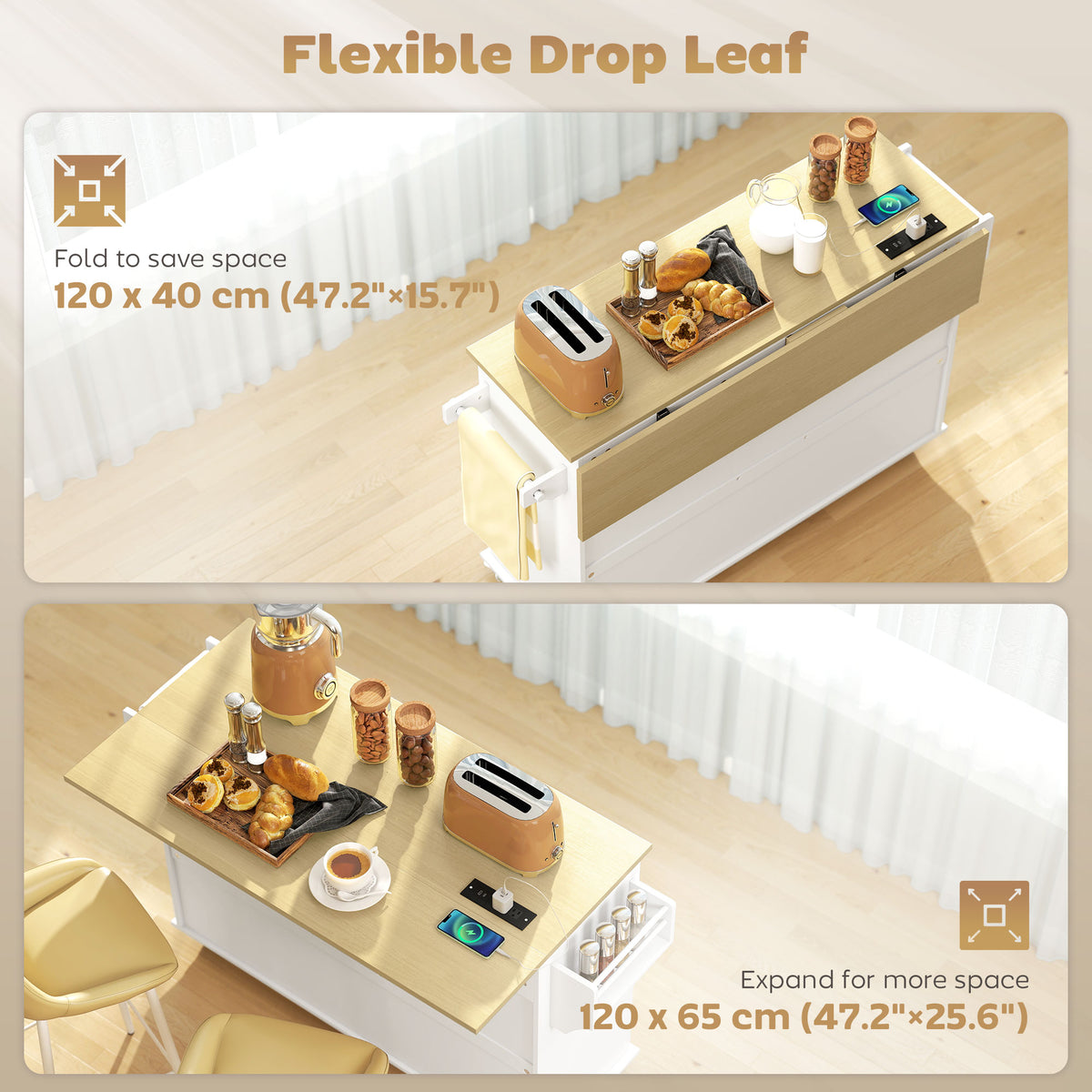 Kitchen Island Cart on Wheels with Outlets & Drop Leaf