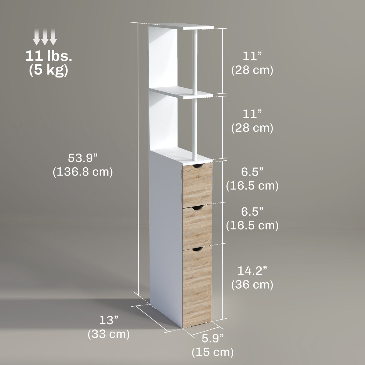 Tall narrow bathroom storage cabinet in wood