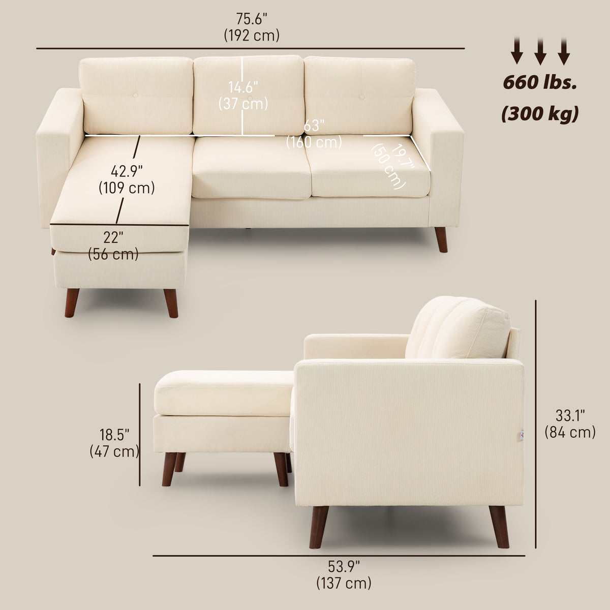 Corduroy L-Shaped Sectional Sofa with Reversible Chaise