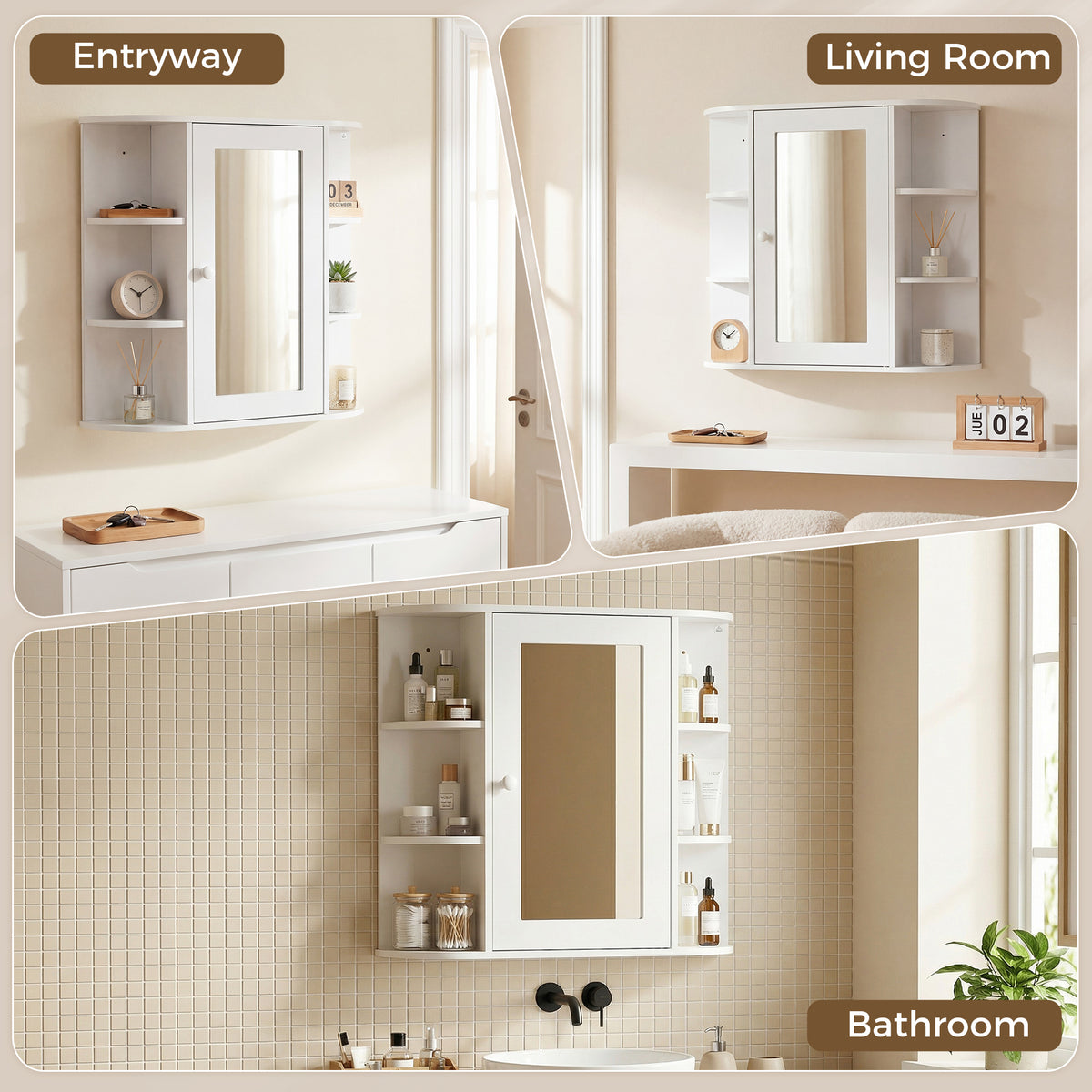 Armario de pared para baño con espejo y estantes