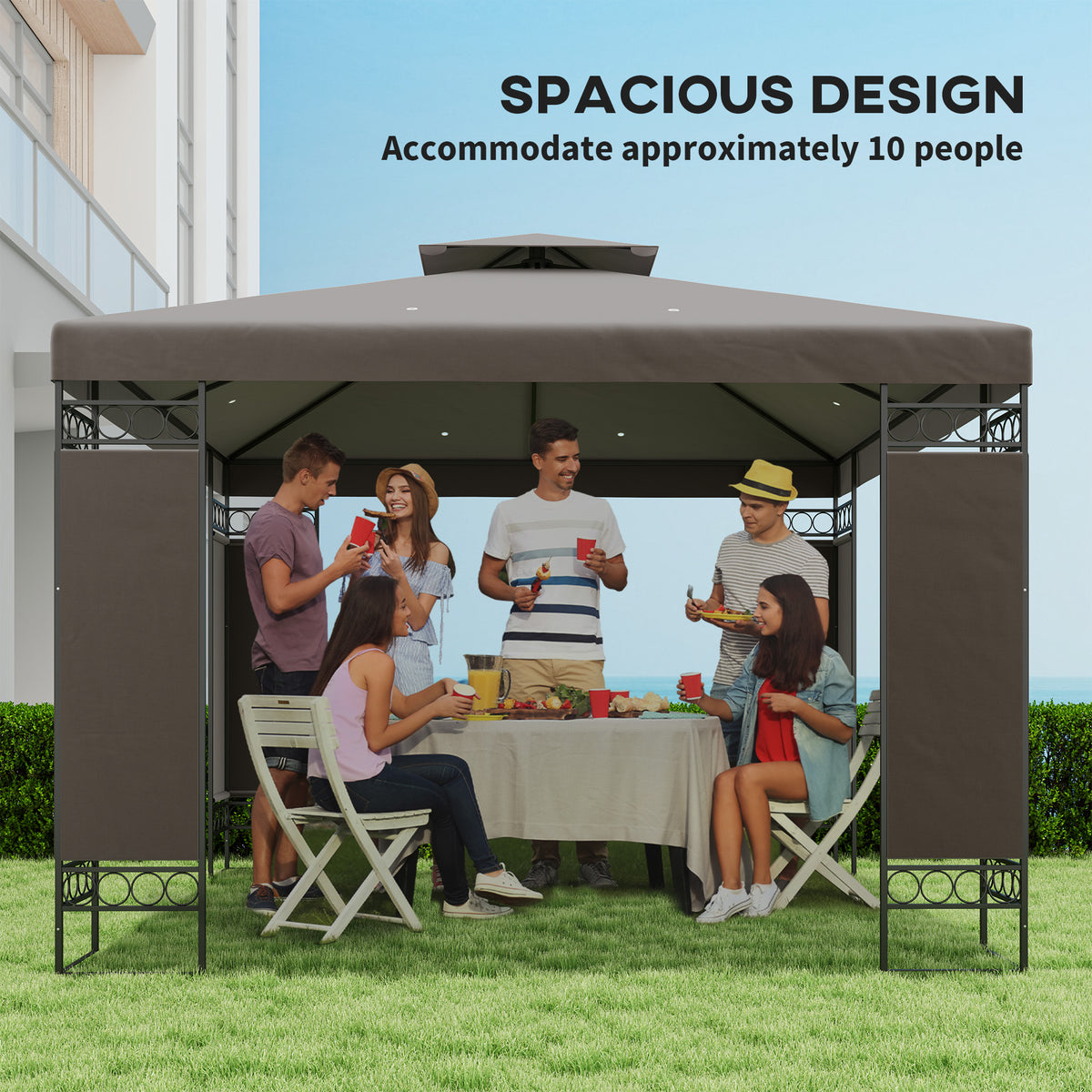 Double Roof Gazebo with Screen Panels and Metal Frame