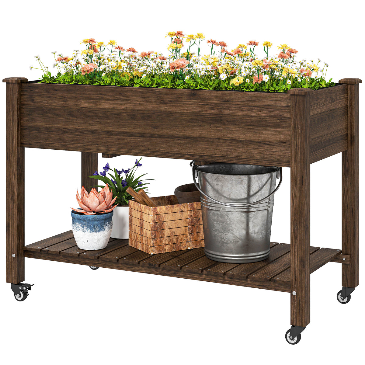 Jardinera elevada móvil de madera con ruedas