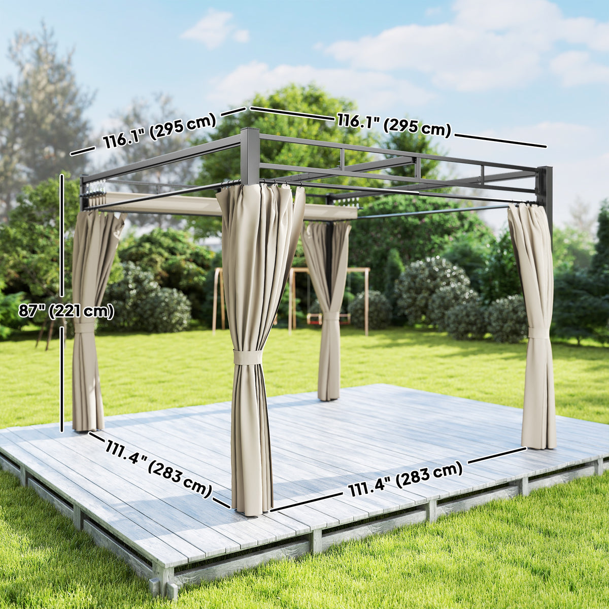 Freestanding Pergola Retractable Canopy with Curtains 10×10 ft