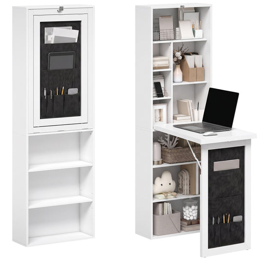 Wall mount fold out computer desk with storage shelves