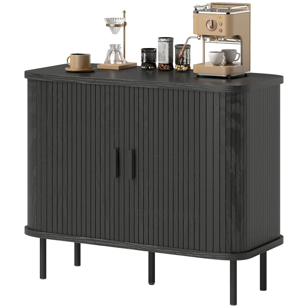 Nordic Sideboard Cabinet Slatted Tambour Doors Metal Legs