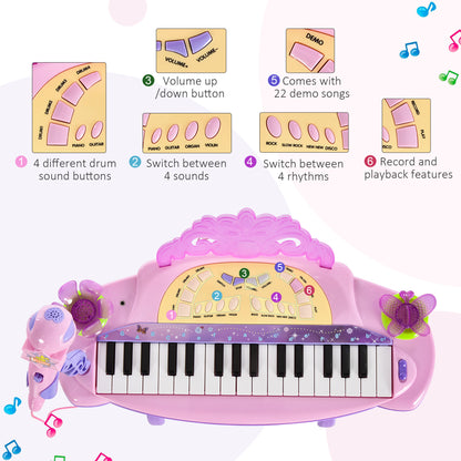 Piano electrónico para niños con diseño de mariposa y taburete