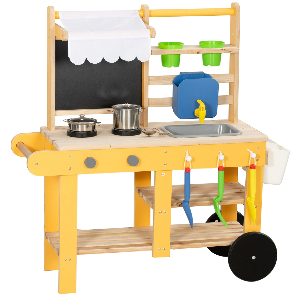 Cocina de barro para niños con grifo, cubeta, pizarra