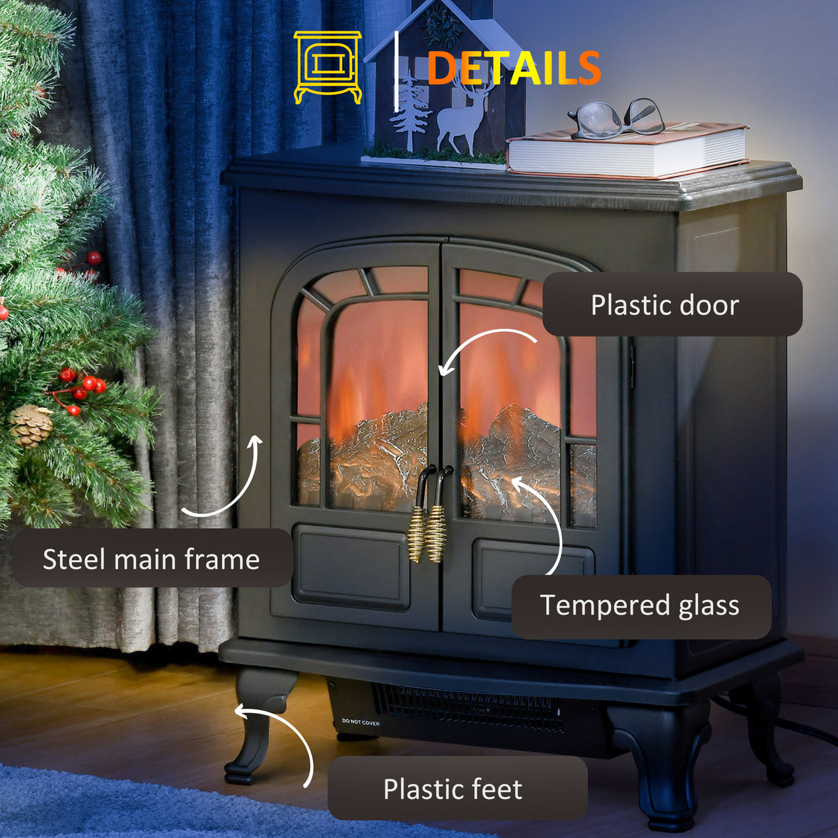 Electric Fireplace Stove Double Door with LED Flame Effect