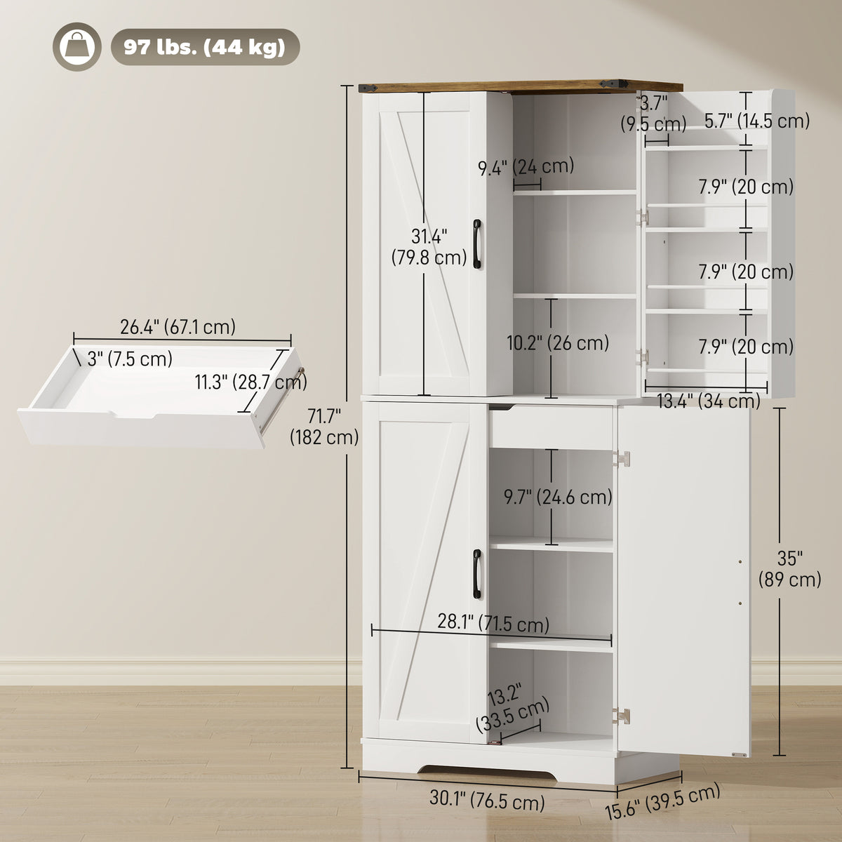 Kitchen Pantry Cabinet Farmhouse 182 cm