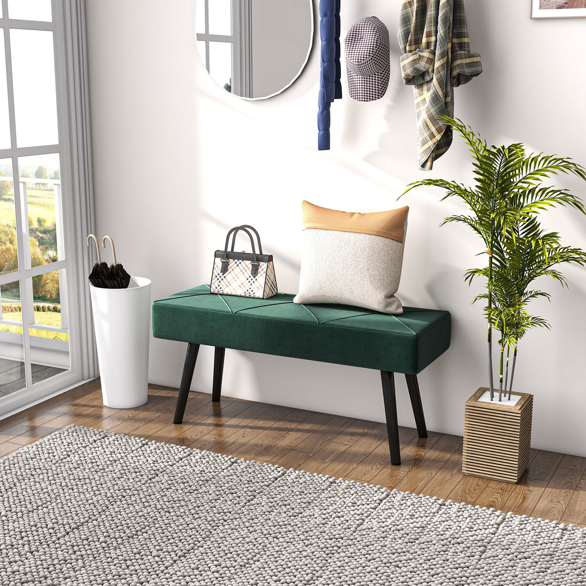 Upholstered Velvet Bedroom Bench — Steel Legs