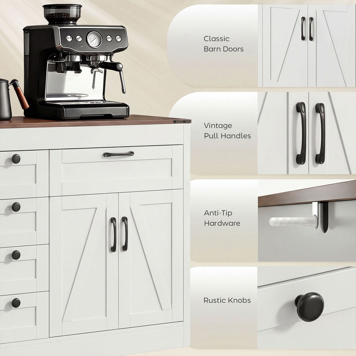 Farmhouse Buffet Sideboard Cabinet 4 Barn Doors 6 Drawers
