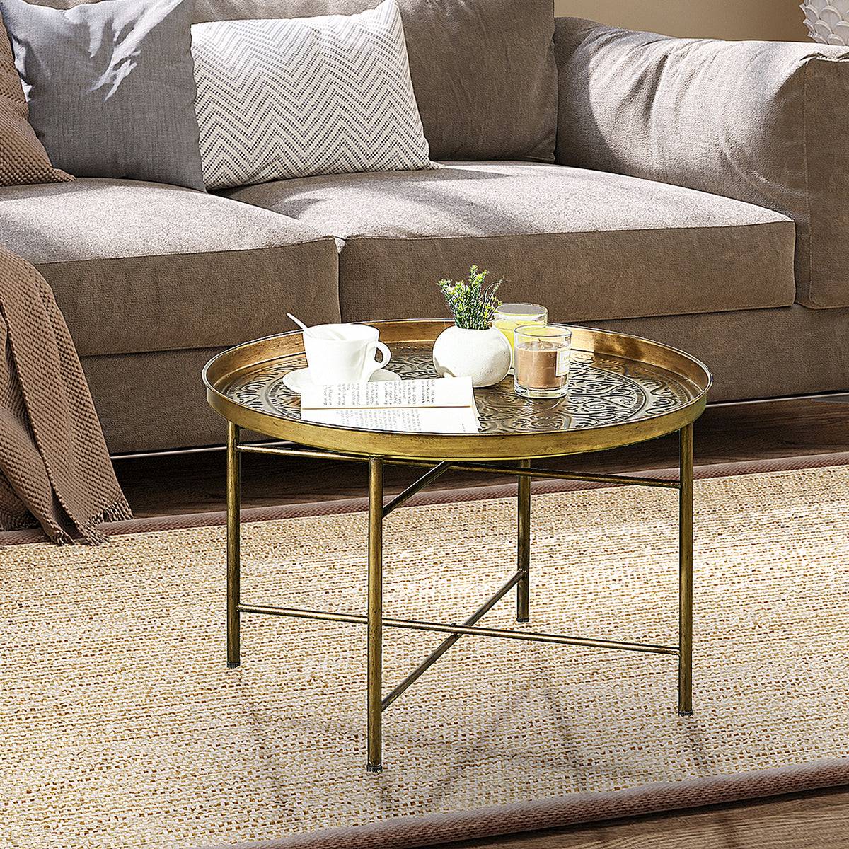 Round Coffee Table Hammered Tray Top Metal Frame