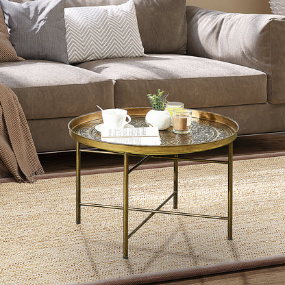 Round Coffee Table Hammered Tray Top Metal Frame