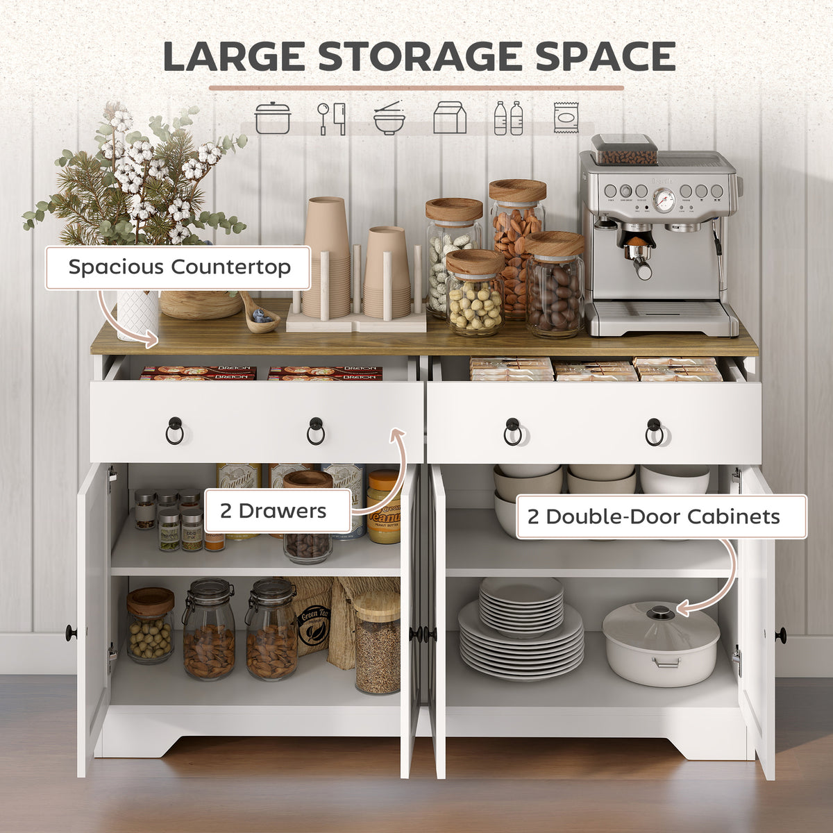 Aparador de cocina 4 puertas barniz 2 cajones madera
