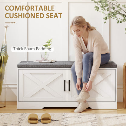 Shoe storage bench with cushion and doors