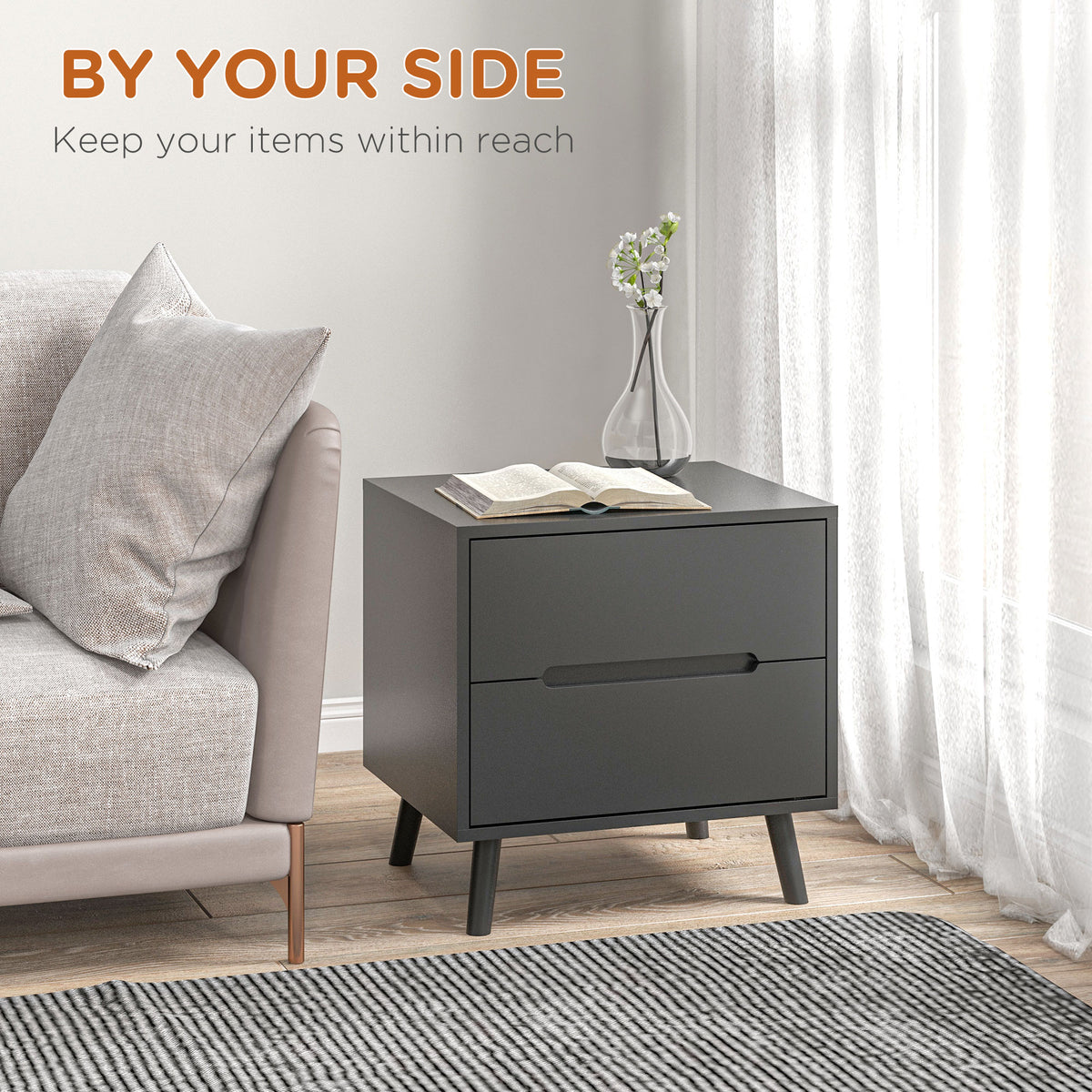 Modern 2-Drawer Nightstand with Wood Legs