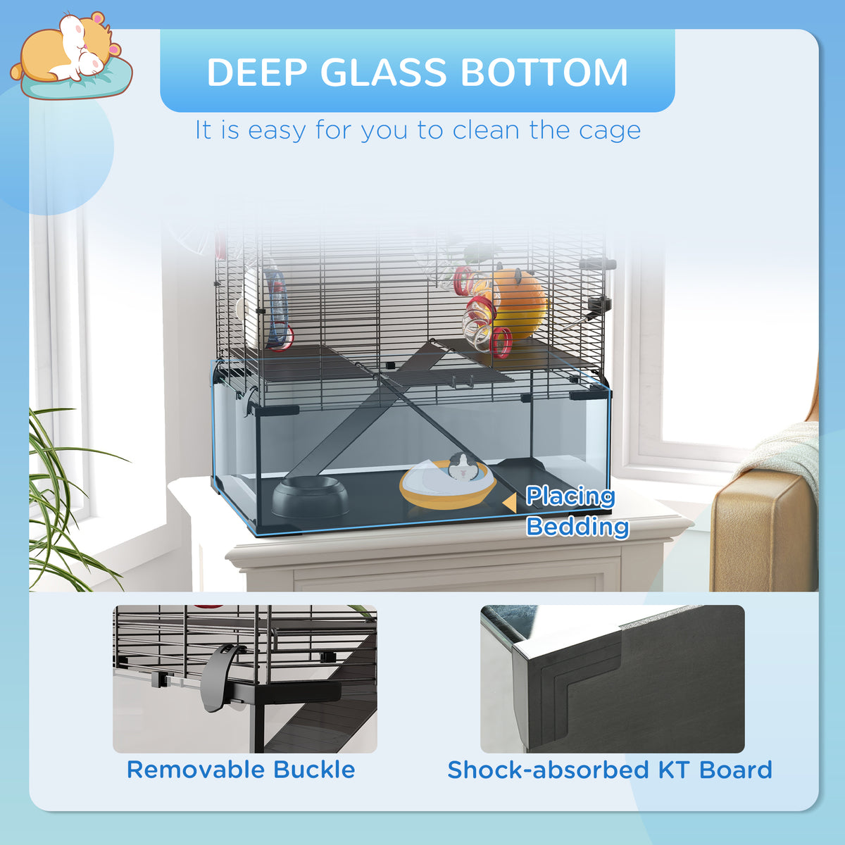 Multi-tier hamster cage with glass bottom