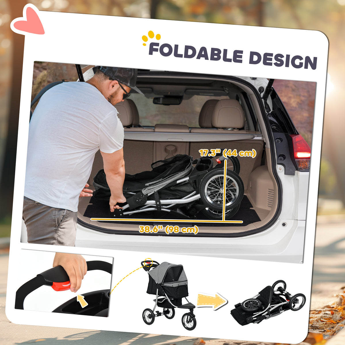 Cochecito plegable de 3 ruedas para perros con toldo ajustable