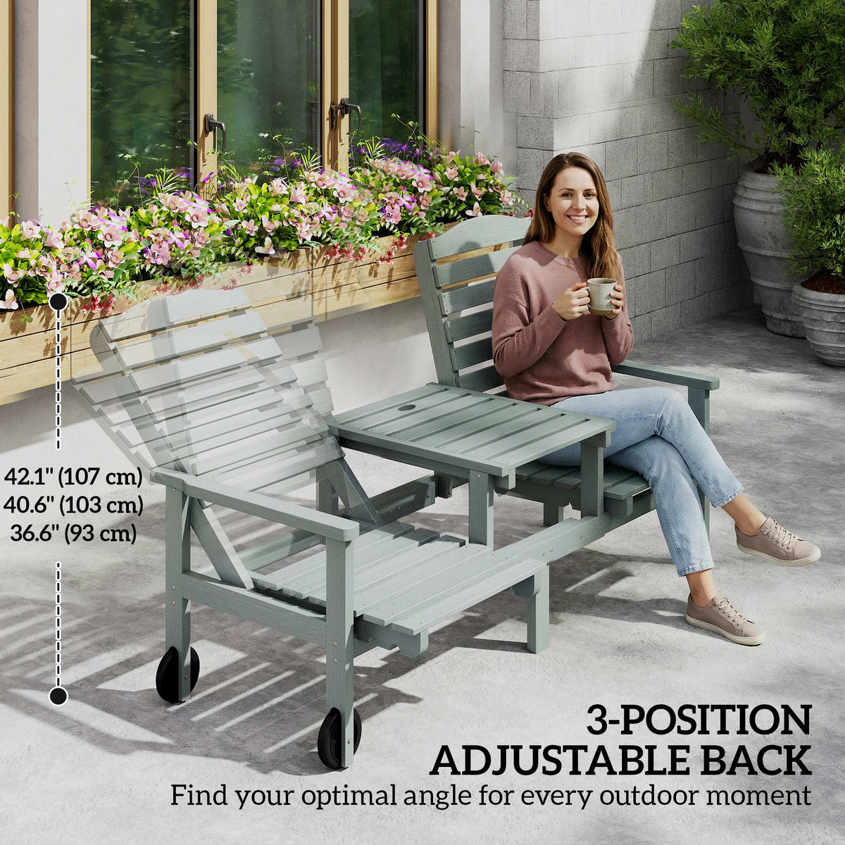 2-Seater Outdoor Bench Adjustable High Back with Wheels