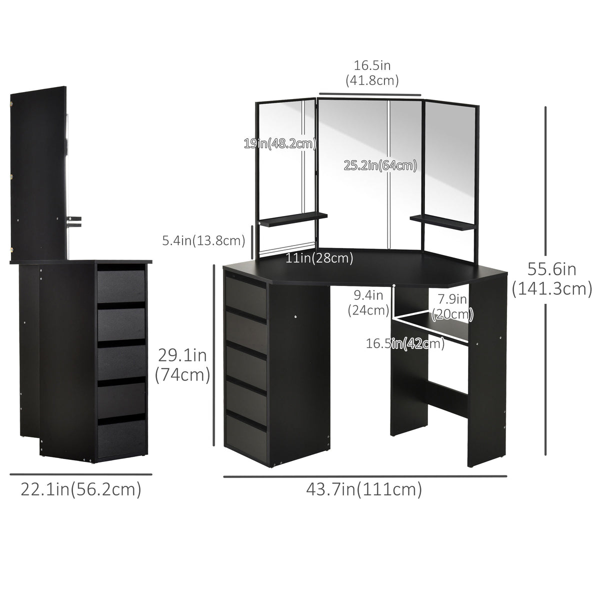 Corner makeup vanity table triple mirror with drawers