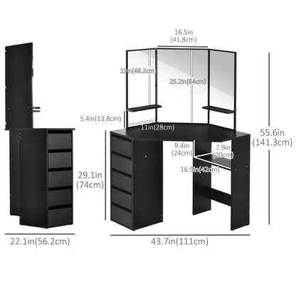 Corner makeup vanity table triple mirror with drawers