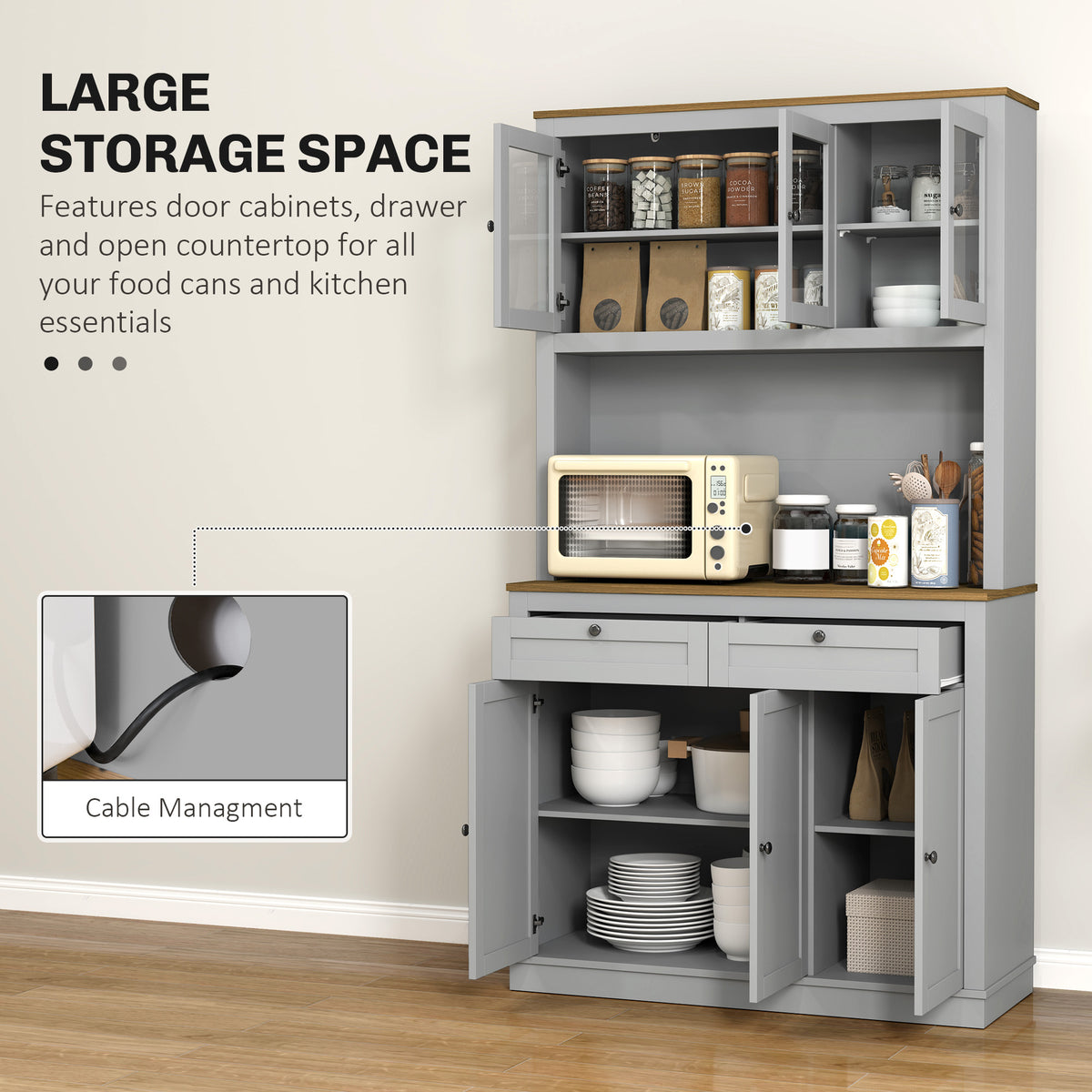 Aparador de cocina con espacio para microondas y puertas de cristal