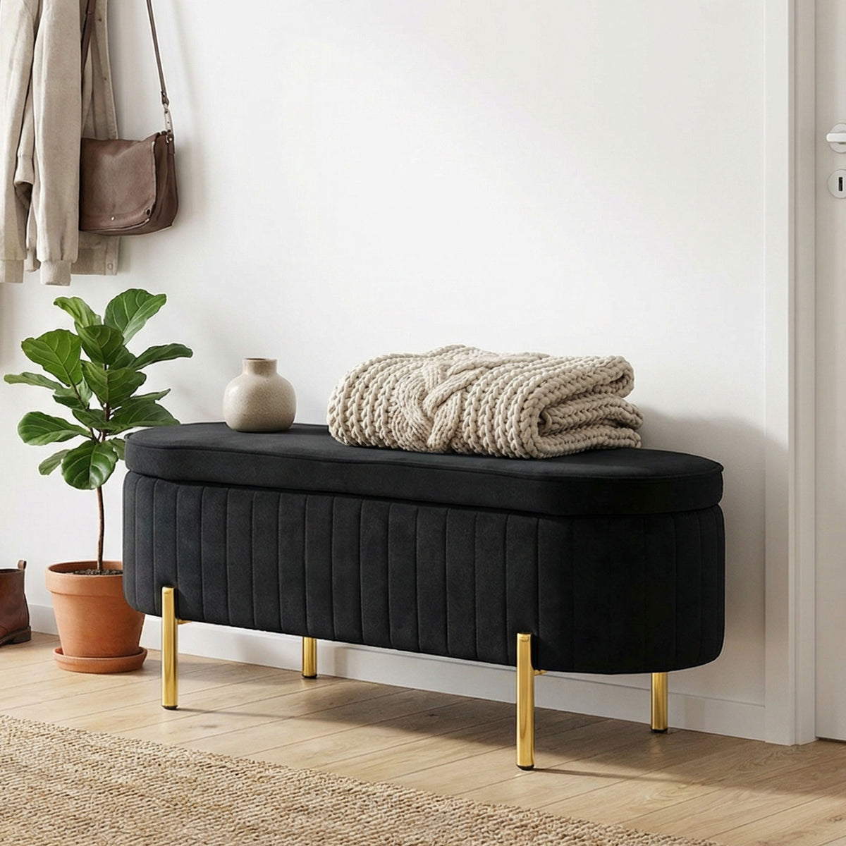 Channel Tufted Storage Bench with Golden Legs