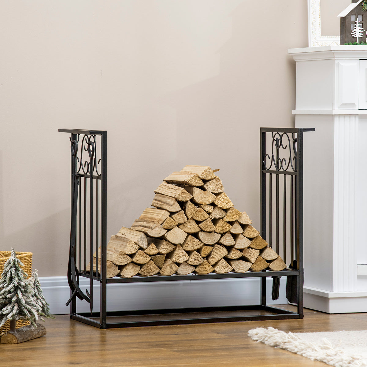 Vintage Firewood Log Rack with 4 Tools