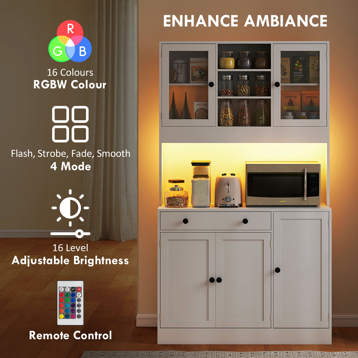 Tall kitchen pantry freestanding storage cabinet with LED light