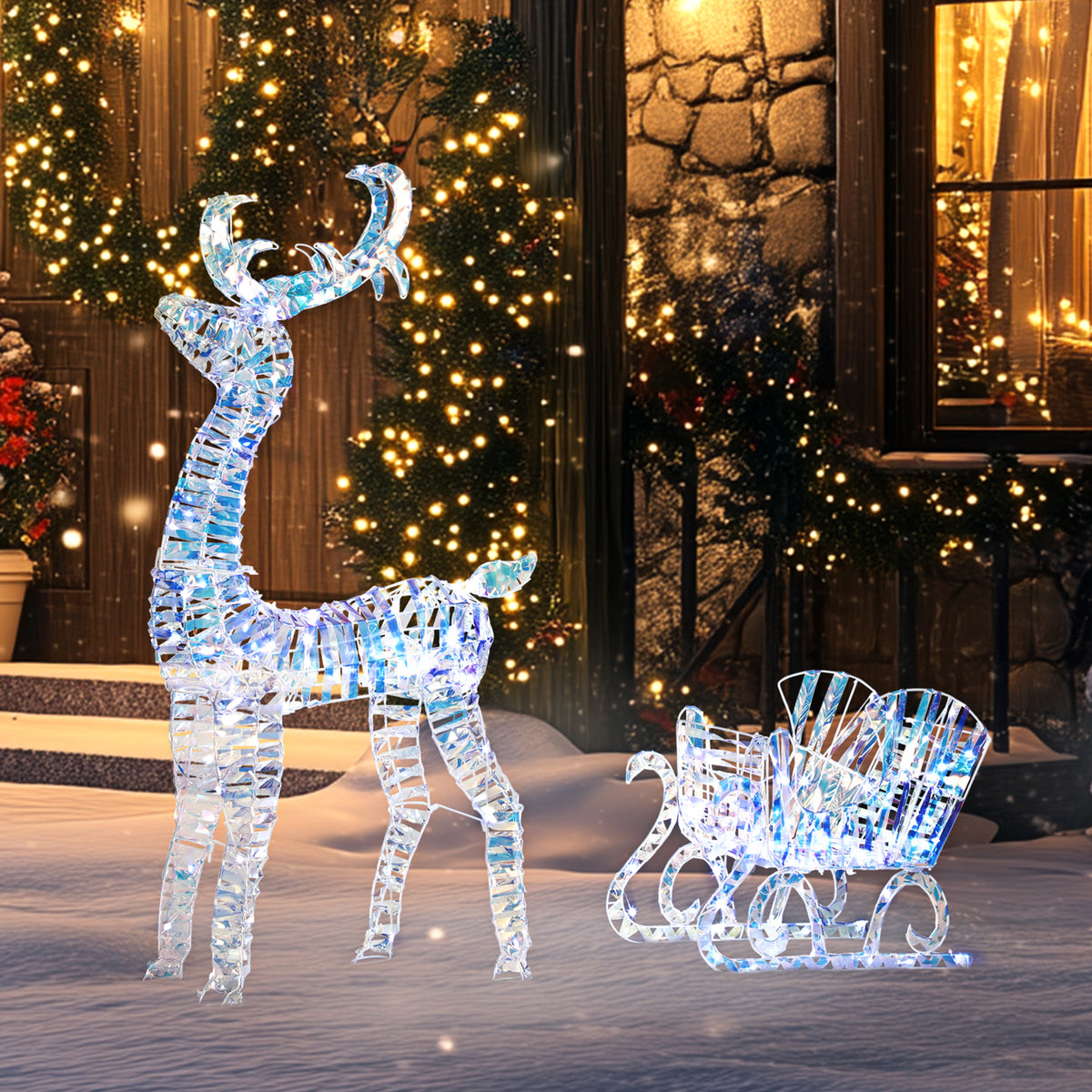 Lighted Christmas Reindeer Decoration with Sleigh