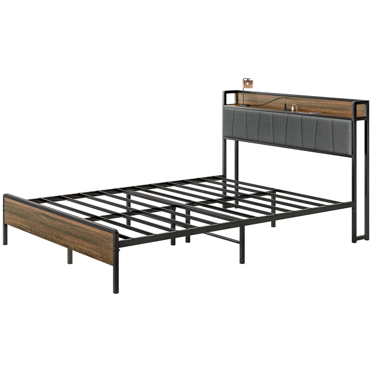 Estructura de cama queen con cabecero y estación de carga