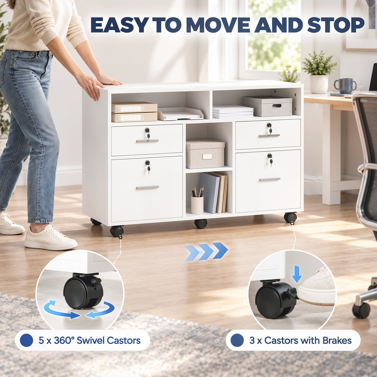 Mobile Locking File Cabinet with Open Shelves