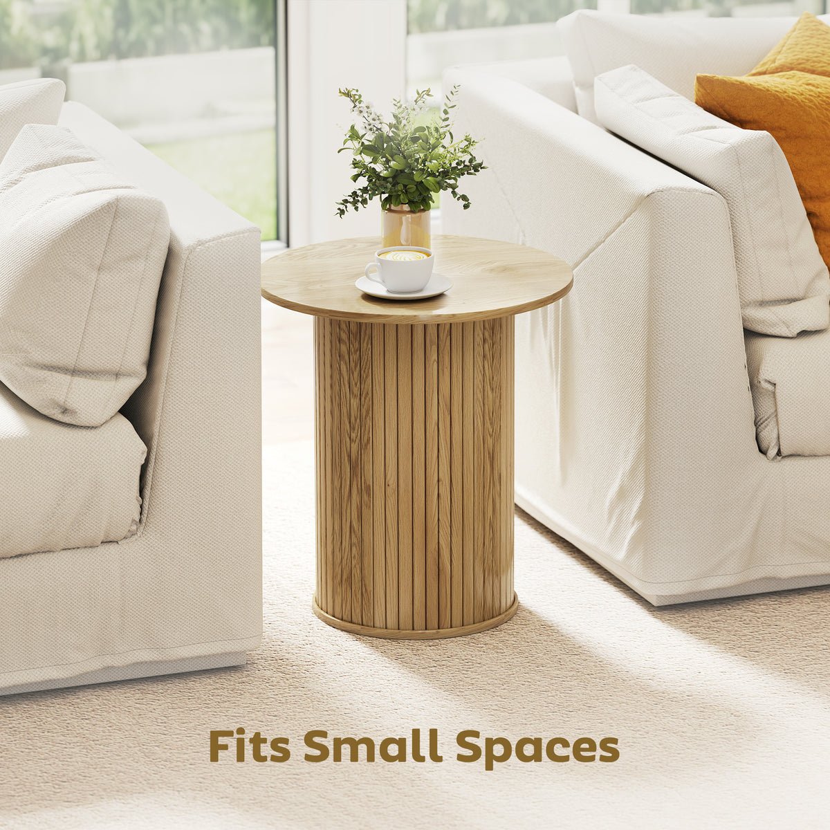 Round Fluted Accent Side Table Oak