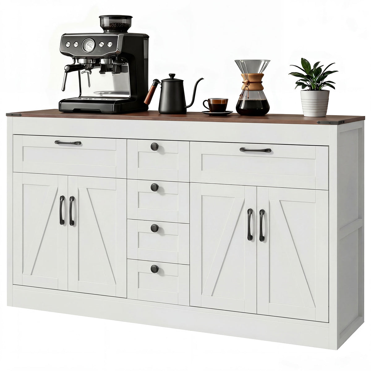 Farmhouse Buffet Sideboard Cabinet 4 Barn Doors 6 Drawers