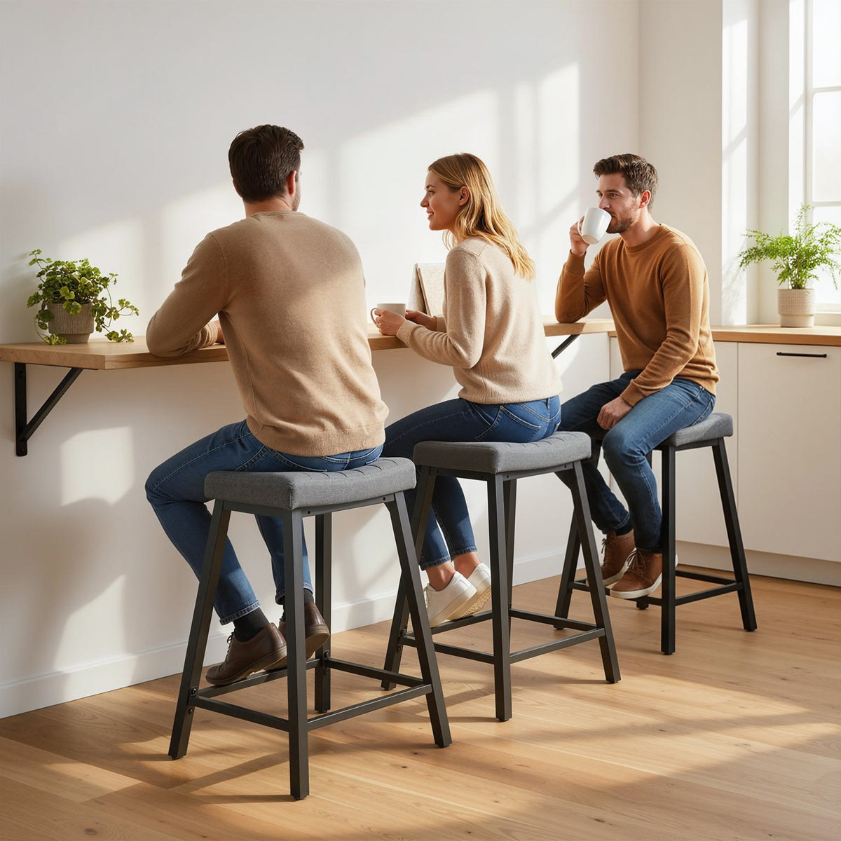 Cushioned Velvet Bar Stools — Set of 3