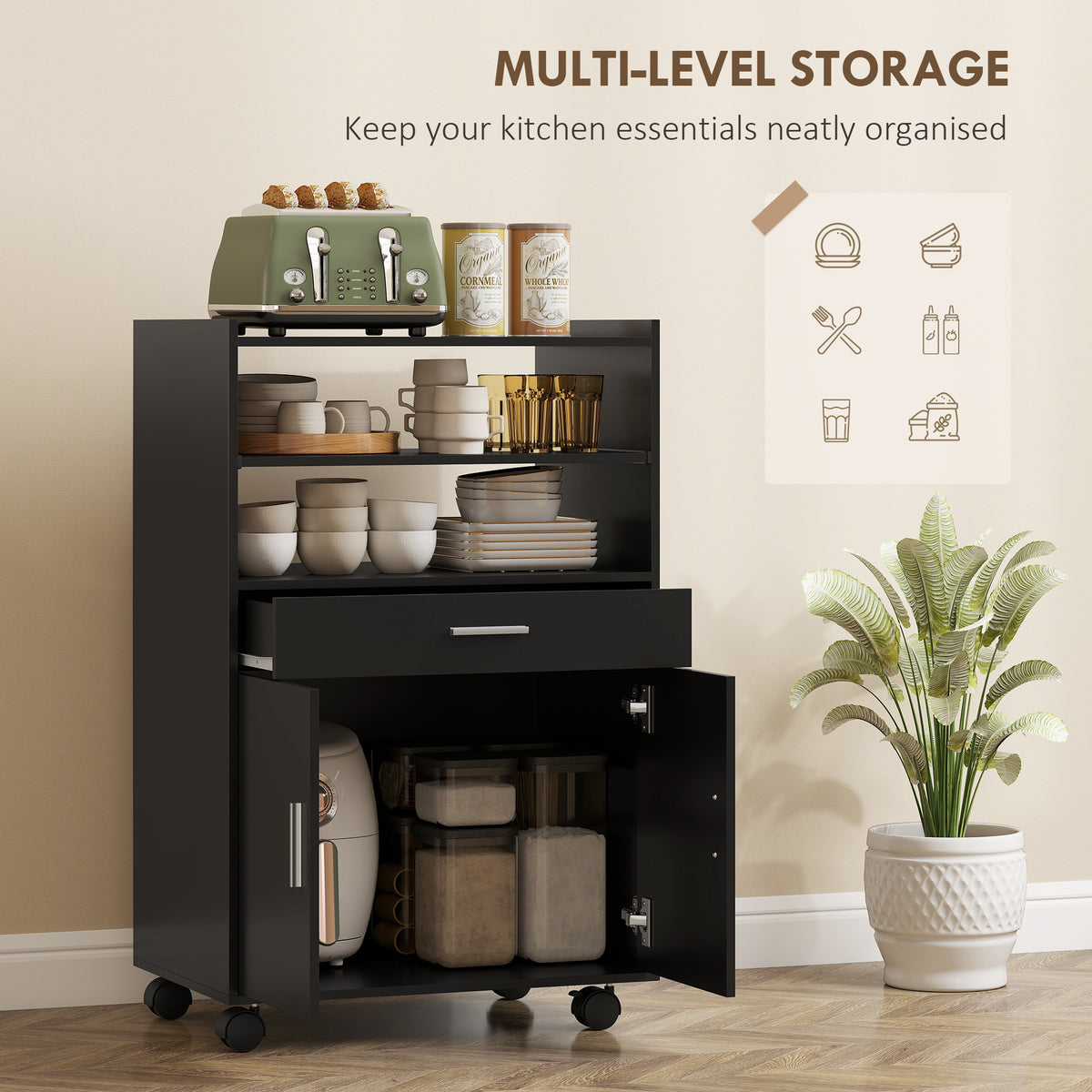 Kitchen cart on wheels with storage and drawer