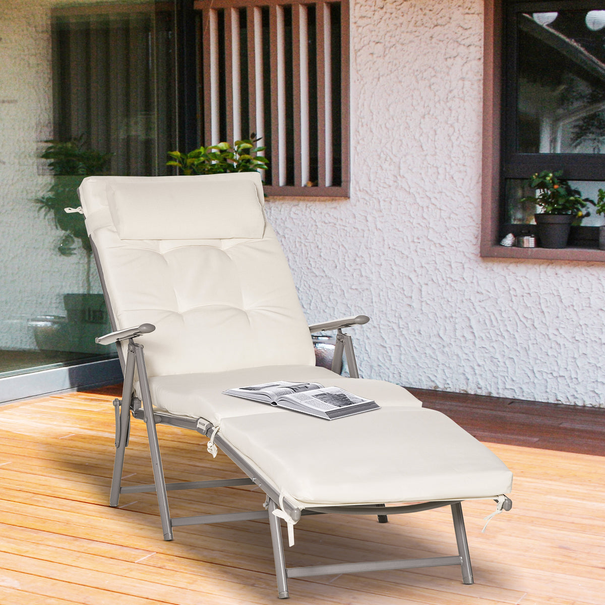 Folding Outdoor Chaise Lounger 7-Position Adjustable with Cushion