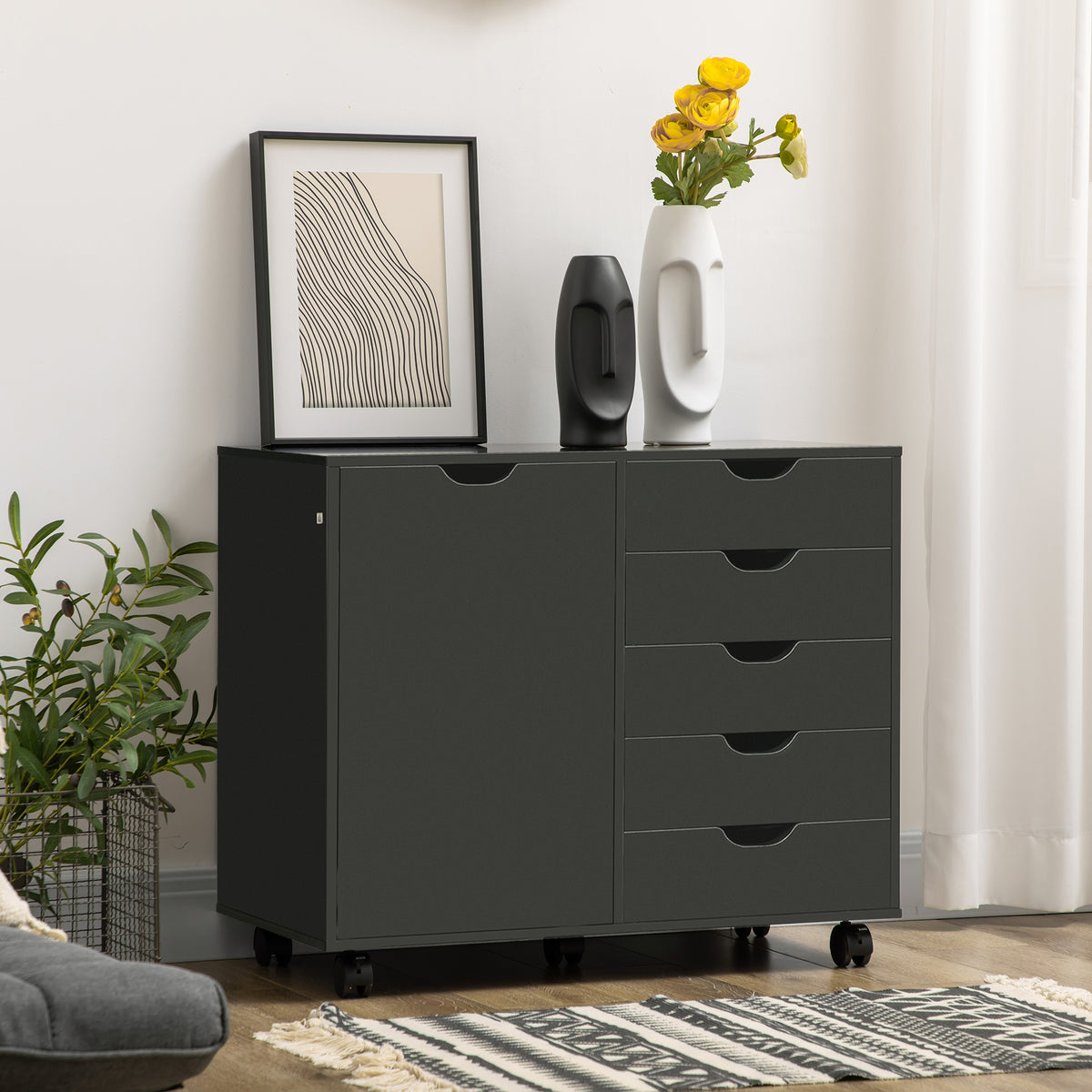 Lateral Filing Cabinet 5 Drawers with Door and Wheels